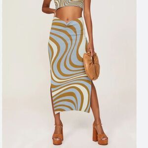 RHODE  Ettie Floral Knit Midi Skirt Blue Brown Maxi Pencil Skirt Slit NWT L